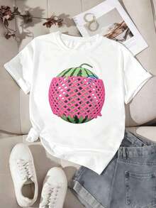 Women's Clothing. Casual Summer T-Shirt With Watermelon Print, Premium Cotton, Loose Fit, Breathable, Casual Style, Graphic Design. Women's Shirts - 白色 - 查看 2