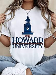 Classic Style Women's T-Shirt Howard University 1867 Clock Tower Logo College Campus Spirit Wear For Everyday Wear And School Events Perfect Gift For Students Alumni And University Supporters - 白色 - 查看 1