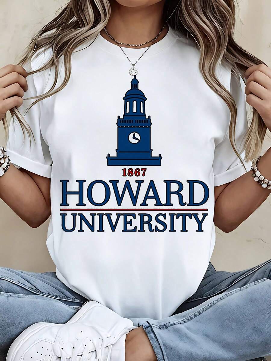 Classic Style Women's T-Shirt Howard University 1867 Clock Tower Logo College Campus Spirit Wear For Everyday Wear And School Events Perfect Gift For Students Alumni And University Supporters - 白色 - 查看 1