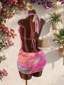 Vestido mini con estampado floral vintage 2026 con decoración de mariposa 3D y orquídea para mujeres - Rosa 2 - Ver 11