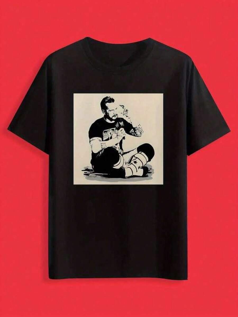 Camiseta gráfica casual de verano negra para hombres - Camiseta de poliéster de cuello redondo con diseño de retrato de lucha libre, lavable a máquina, ajuste cómodo, ropa casual - Negro - Ver 1