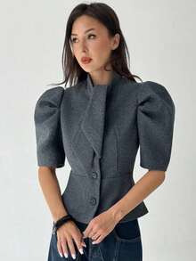 AYYAloruh Abrigo de mujer de manga corta abullonada, de un solo botonadura, con cuello de lazo, de moda, para otoño e invierno. Abrigo gris oscuro con hombros anchos y bufanda, de estilo corto, elegante para otoño e invierno para mujeres.AYY - Gris - Ver 4