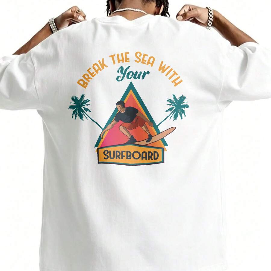 T-Shirt 180g 100 Percent Cotton Oversized Fit Surfboard Graphic Print Summer Beach Wear For Him - White - View 1