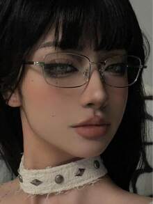 1副男女通用时尚艺术简约金属小框素面眼镜 - 銀 - 查看 2