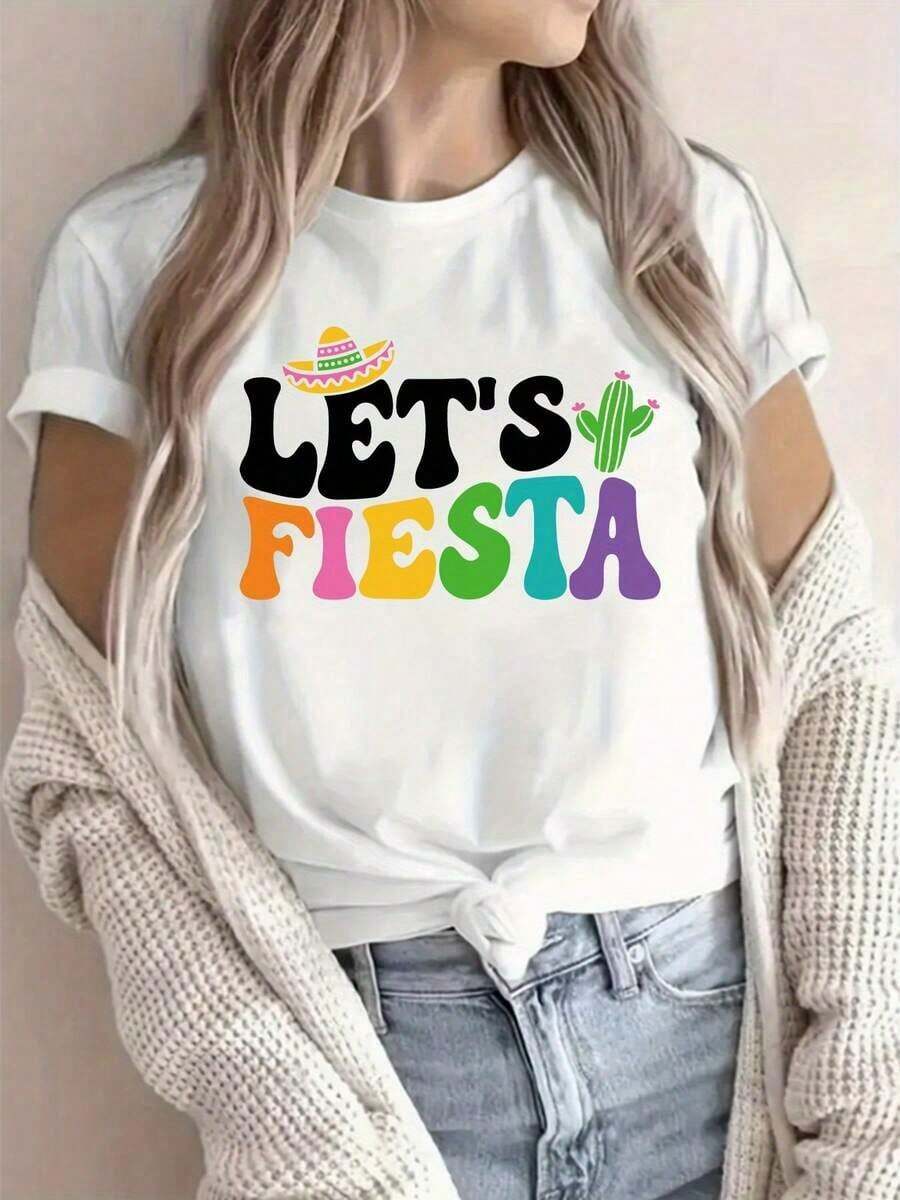 Lightweight Graphic Tees: Women's Short-Sleeve Crew Neck Tee, 1 Piece, For The Cinco De Mayo Festival In Mexico. Printed With The "LET'S FIESTA" Design, This Comfortable And Stylish Tee Is Suitable For Casual Everyday Wear. 100% Cotton, A Popular Choice. Suitable For Spring, Summer, And Fall. - 白色 - 查看 1