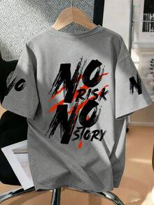 1pc Little Boy "NO RISK NO STORY" Slogan Print T-Shirt, Soft And Comfortable Fabric, Suitable For Outdoor Sports, Casual Wear, Boys Spring/Summer Top - Grey - View 5