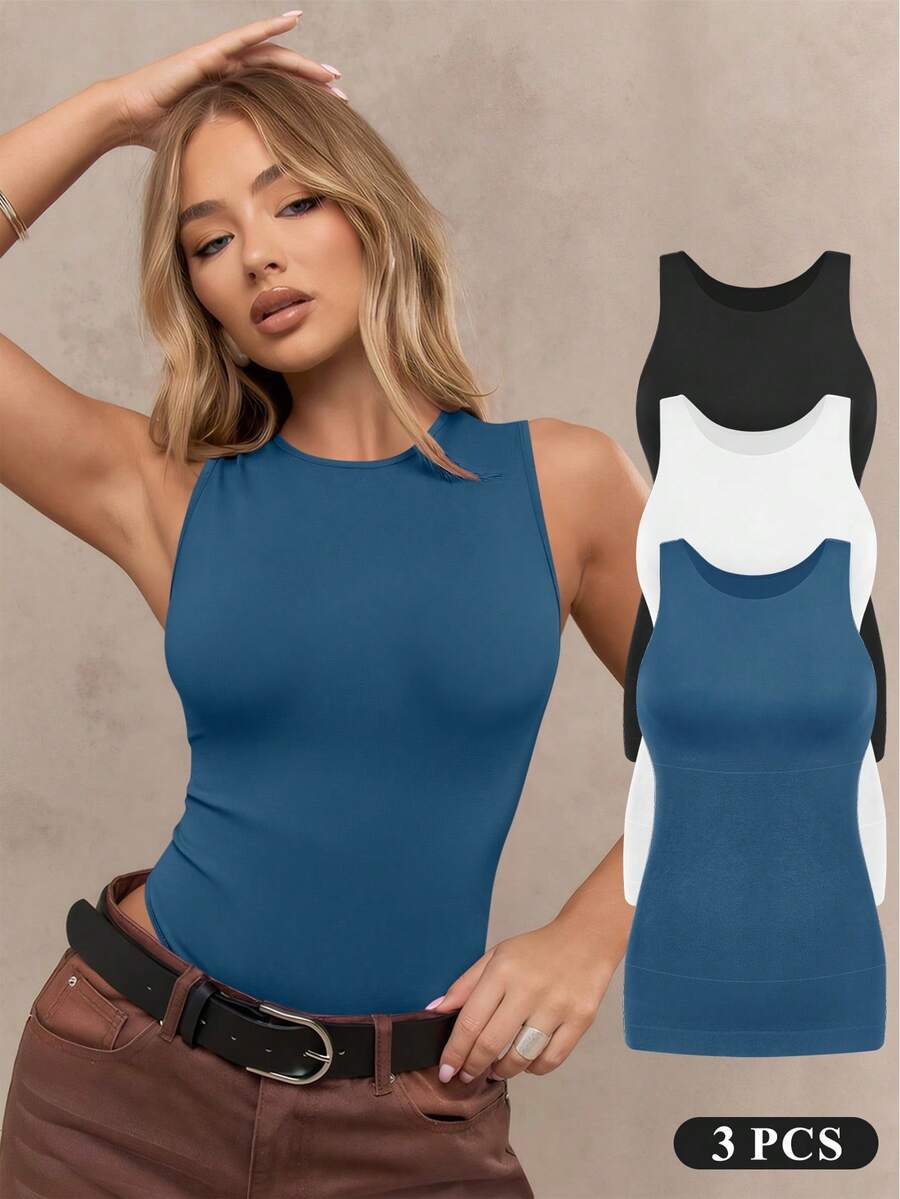 Women Shapewear Tummy Control Tank Tops Seamless Compression Tops Slimming Camisole - Đen/trắng/xanh đậm - Xem 1