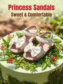 1 Pair 2026 Summer Girls' Soft Sweet Style Flat Sandals, Decorated With Pearl Bows And PU Material, Featuring Hook And Loop Closure And Open Toe Design, Suitable For Daily Wear Or Outdoor Play - Beige - View 3