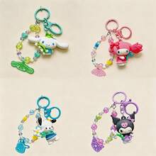 MINISO Sanrio Pochacco 藍色花朵串珠腕帶鑰匙圈，可愛角色迷你公仔包飾吊飾，附亮片珠飾手鍊、藍色夾扣鉤與角色吊牌，背包手提包配件，開學季禮物 - 樣式 2 - 查看 6