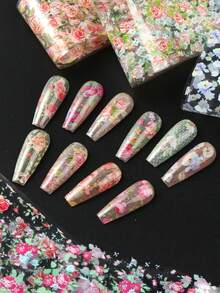10片玫瑰蕾絲花卉印花春季美甲貼紙，彩色優雅牡丹花美甲貼花，夏季婚禮美甲裝飾DIY美甲貼花（非黏性） - 彩色 - 查看 3