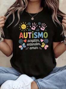 AUTISM Accept, Understand, Love. Women's Autism Awareness T-Shirt In Spanish With Sun Handprint Slogan Decoration, Casual Short Sleeve, Rainbow Warmth, Public Welfare Style For Caring - 黑色 - 查看 1