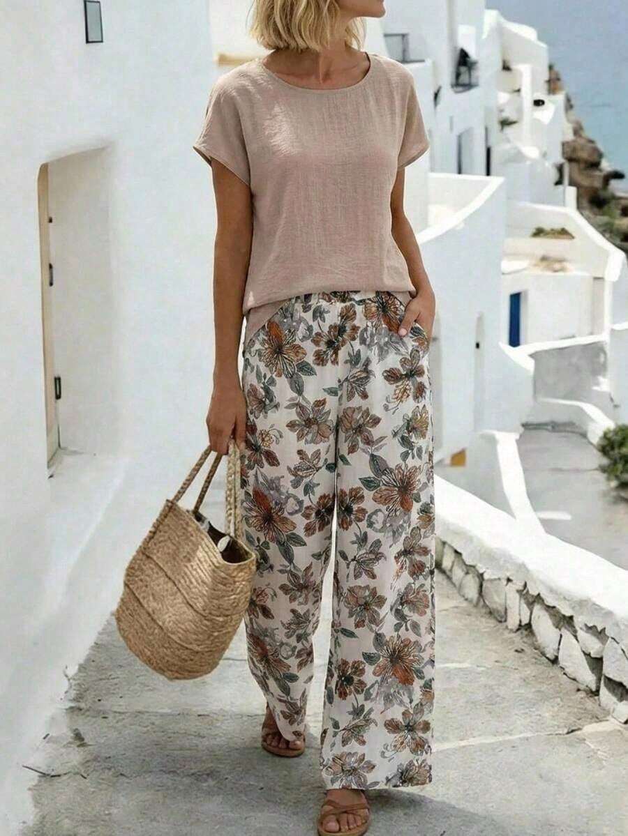 Conjunto de 2 piezas de top y pantalones de unicolor casual de vacaciones para mujer - Multicolor - Ver 1