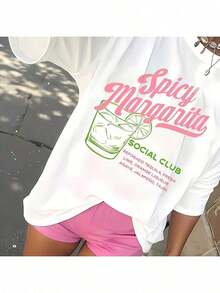 Modern And Minimalist Short-Sleeved T-Shirt For Women; Women's Summer T-Shirts, Casual Style, With "Spicy Margarita Social Club" Pattern Print And Pink Lettering, For All Seasons, Women's T-Shirt, XINFcasual Summer Sets For Everyday Wear. - 白色 - 查看 1