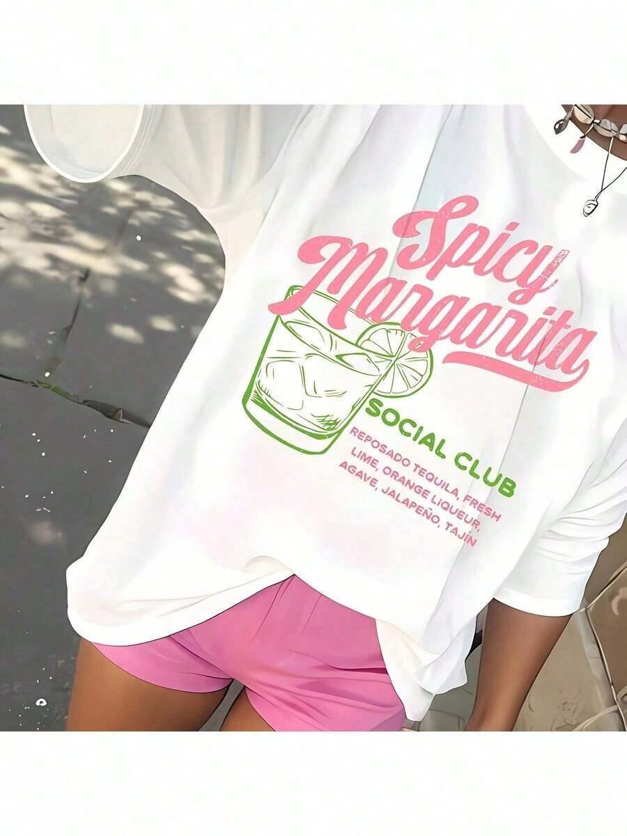Modern And Minimalist Short-Sleeved T-Shirt For Women; Women's Summer T-Shirts, Casual Style, With "Spicy Margarita Social Club" Pattern Print And Pink Lettering, For All Seasons, Women's T-Shirt, XINFcasual Summer Sets For Everyday Wear. - 白色 - 查看 1