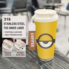 Miniso Minions One-Eye Logo Yellow Background Insulated Coffee Cup With Wrist Strap,Stainless Steel, Coffee Cup With Lid,Dual-Drink Design, And Durable - Multicolor - View 2