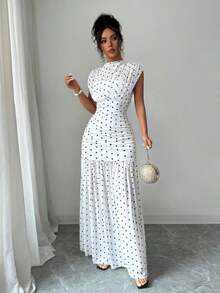 Vestido maxi elegante con estampado de lunares, cuello alto, sin mangas, sexy, con recortes de malla, parches y pliegues en A-line, adecuado para fiesta de graduación, vacaciones, citas, vestido formal blanco, vestido elegante, vestido de cumpleaños, vestido de verano - Blanco - Ver 4