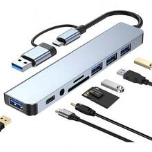 雙接頭 USB 3.0 集線器，8 合 1 多功能轉接器，含 USB-A/USB-C、4 個 USB 3.0 接口、SD/TF 讀卡機、音訊插孔，筆記型電腦、PC 適用便攜式鋁合金擴充塢 - 查看 7