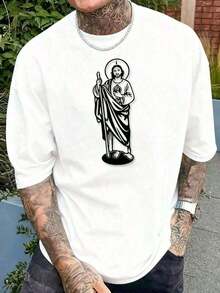 Local Warehouse, Men's T-Shirts, Men's Shirts, Men's Clothing, Men's Cotton T-Shirts, Tadeo 180g Black And White Cotton T-Shirt, Religious Print Design, High Quality Cotton Print, Crew Neck, Relaxed Fit, Unisex, Breathable, Versatile, Machine Washable, Comfortable, Sizes S ~ 3XL, Daily Wear, Casual, Sporty, Summer Essential - 白色 - 查看 2