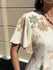 Clasi Vestido de unicolor con botones al frente, manga mariposa y abertura al muslo de longitud hasta el muslo para mujer - Albaricoque - Ver 7