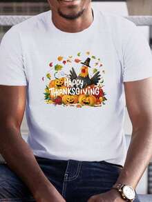 Men's Plus Size Summer T-Shirt, Short Sleeve T-Shirts With Whimsical Thanksgiving Scene Graphic Print, Casual Tops For Everyday Life, Big And Tall Guys - 白色 - 查看 6