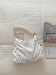 Pink Polka Dot Drawstring Bow & Ruffle Cloud Decor Shoulder Bag, Large Capacity Crossbody Bag For Women - White - View 3