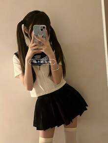 Women Skirts - Two White Short-sleeved Shirts + Navy Blue Mini Skirt - View 5