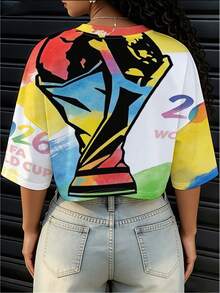 FIFA-2026 World Cup Trophy Print Vibrant Watercolor Women's Short-Sleeve V-Neck Top, Made Of Soft Polyester Fabric, Available In Various Sizes And Mixed Colors, Comfortable Casual T-Shirt Suitable For Daily Wear And Sports Events - Màu hỗn hợp - Xem 2