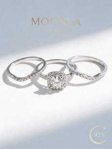 Bộ 1 chiếc nhẫn vuông bất đối xứng bằng bạc Sterling 925, thích hợp cho nữ đeo hàng ngày, làm quà cầu hôn, quà kỷ niệm, quà hẹn hò. - Bạc - Xem 3