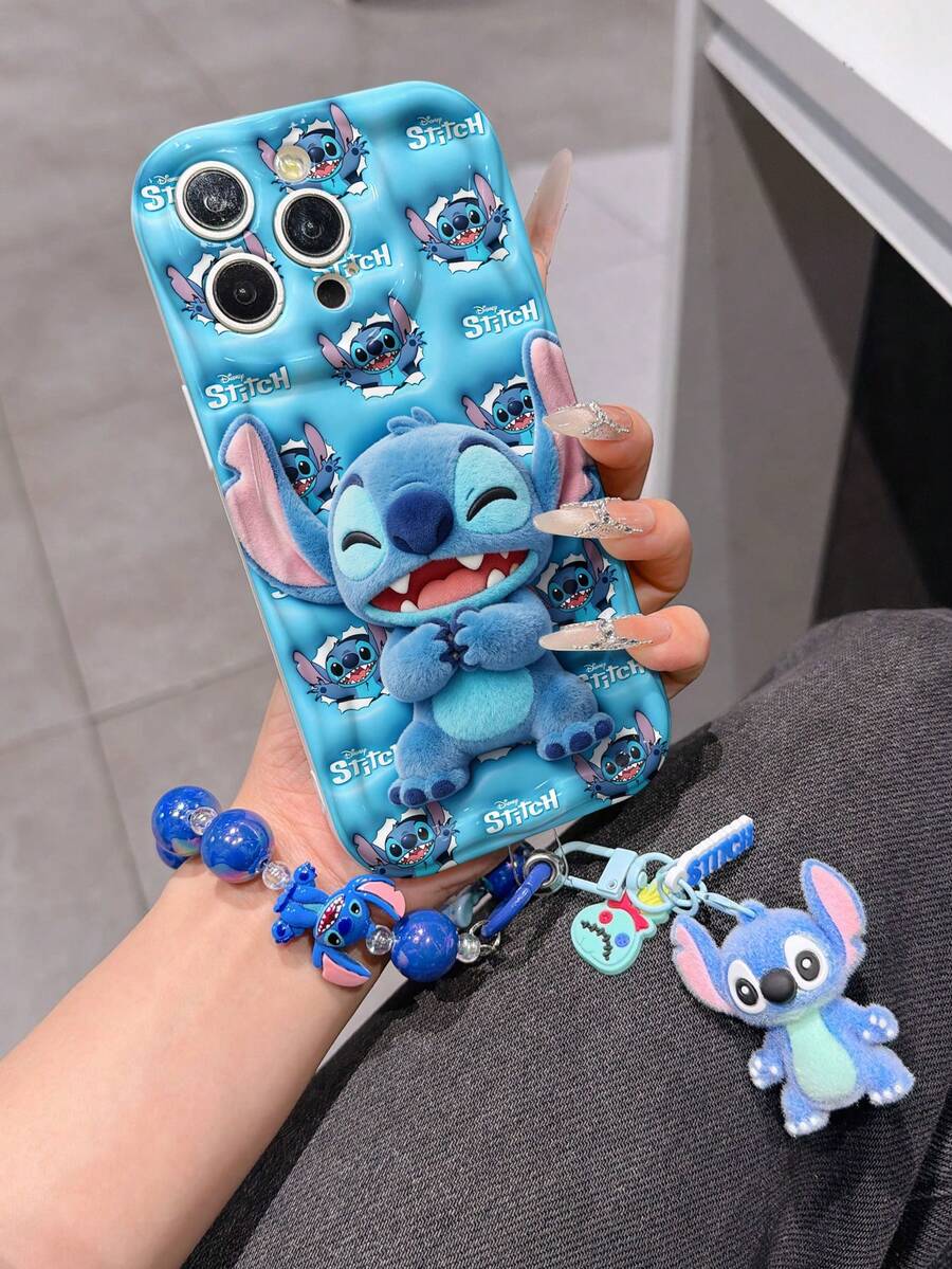 Disney Has Authorized, Phone Case - Chain Set, The Stitch Lilo & Stitch 3D Phone Case Plus A Silicone 3D Stitch Bracelet With Metallic Ring Removable Bracelet, Stitch And Angel Pattern, Compatible With Iphone17/16/15/14/13/12/11/XS/XR/X Plus Pro Max, A Stylish Cartoon Phone Case, The Perfect Gift Choice, Phone Protection, Durable Phone Cover, Great Gift For Friends And Family. - trắng - Xem 1