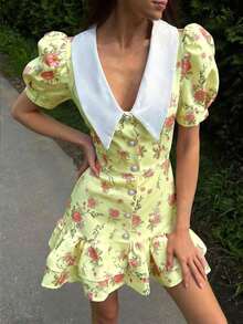 Spring/Summer Casual Style Dress With Collar, Front Buttons, Tie Back And Tie-Dye Print, For Everyday Wear, Western Style, Bohemian, Music Festivals, Vacation, Fairycore Style, Elegant For Women - 黃色 - 查看 12
