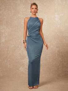 xheLumalex Vestido ajustado con cuello redondo, fruncido y decoración metálica cruzada para mujeresxhe - Lavado ligero - Ver 5