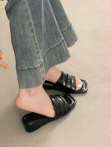 manjingfu Ladies' Casual Thick-Heeled Sandals Feature An Asymmetric Pleated Design, Paired With Open-Toe High-Heeled Slippers; Anti-Slip Slippers, - Black - View 5