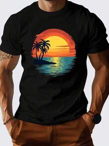 Men's Tropical Sunset Graphic Tee - White T-Shirt With Palm Tree And Ocean Design - Lightweight Everyday Tee For Beach Vacations And Casual Wear - Comfortable Crew Neck Top For All Seasons - Ideal Gift For Travelers And Nature Lovers, Beach T-Shirt, Vacation Wear, Relaxed Fit T-Shirt, Comfortable Fabric - 黑色 - 查看 11