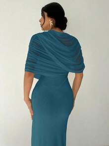 Vestido ajustado con cuello de volantes, cintura plisada y asimétrico, color amarillo sólido elegante y romántico.Atuendo para playa, aeropuerto, vacaciones y maestros. - Agua verde azul - Ver 7