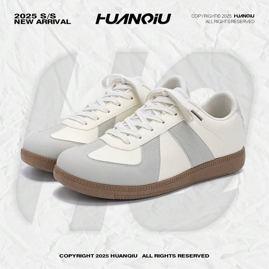 Zapatos casuales unisex, talla 36-45, zapatos casuales de mujer y zapatos deportivos de hombre, zapatos planos de suela blanda con cordones, zapatos cómodos y livianos de hombre para uso diario, de corte bajo,,,,,Zapatos de entrenamiento alemanes ZHQ5767 para aumentar la altura, planos, cómodos, de moda, retro, de nicho, casuales para hombre, para otoño. - beige - Ver 1