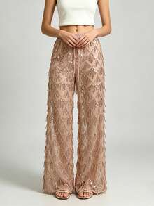 Women's Y2K Coquette Sequin Fringe Sheer Mesh Wide Leg Pants Elastic Drawstring Waist Sparkly Flowy Trousers For Rave Party Club Night Out - Pink - View 3
