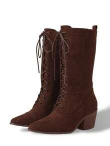 Women's Easter Leather Brown Mid Calf Boots Lace Up Chunky Heel Vintage Combat Heeled Dress Casual Boots Country Concert Combat Boots For Women - 棕色絨面革 - 查看 7