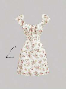 MOD Vestido sin mangas con cuello redondo, fruncido en el pecho y estampado floral vintage para mujer, ideal para el verano - Blanco - Ver 4