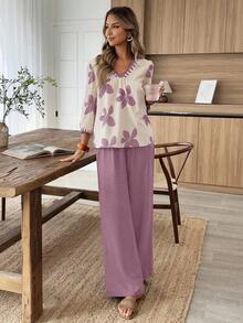 Elouméa Conjunto de 2 piezas de blusa de manga corta con cuello en V y estampado floral, y pantalones holgados, ropa casual de vacaciones, primavera/verano - Multicolor - Ver 4