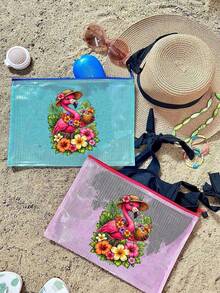 Waterproof Fashion Beach Bag. Printed With Flamingo And Flower Patterns, This Large Capacity Transparent Cosmetic Bag Features A Nylon Zipper, Lightweight And Portable, Perfect For Spring And Summer Storage. Durable And Suitable For Swimming, Beach, Diving And Summer Travel. Lightweight And Sun-Protective, It's The Perfect Back-To-School Essential Bag For Students. - Multicolor - View 7