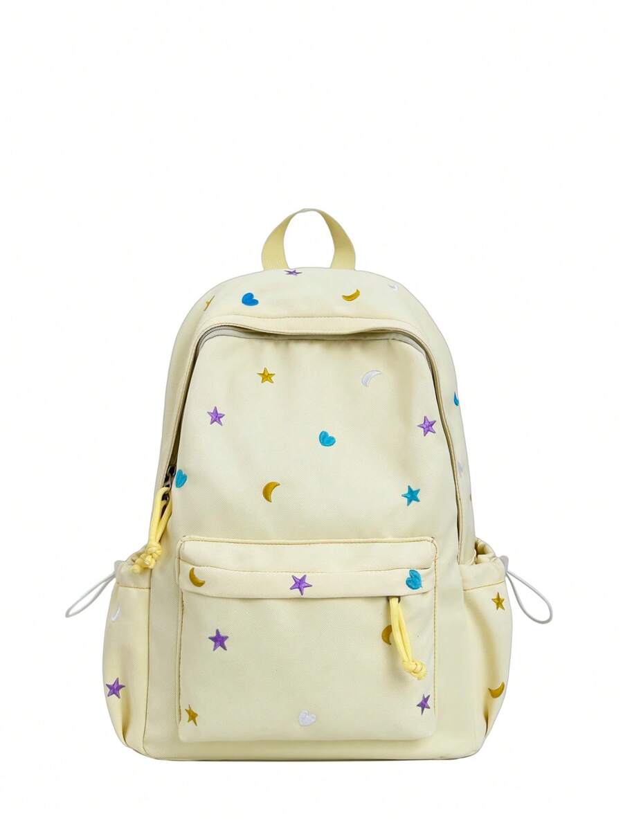Macaron Star Moon Heart Print Nylon Backpack, Wide Pressure-Relieving Shoulder Straps, Multi-Layer Large Capacity, Commuting Casual Travel Style - Multicolor - View 1