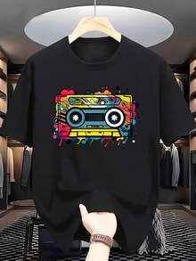 Men's Short Sleeve T-Shirt With 'M' Logo Print - Casual Crew Neck, Regular Fit, Opaque, Summer Essential - Machine Washable, Casual Warm Weather Wear - Versatile Piece For Smart/Casual Looks - Men's Basic - 黑色 - 查看 7