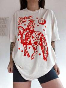 1 Oversized T-Shirt With A Large Print, White T-Shirt With A "Rockin' Around The Christmas Tree" Design, Country-Style Christmas T-Shirt, Retro Western Christmas T-Shirt, Cowboy-Style Family T-Shirt, Comfortable, Crew Neck, Versatile, Perfect For Outdoor Activities. Cotton T-Shirt. - 白色4 - 查看 12