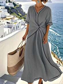 Vestido de manga corta color albaricoque con ribete en contraste negro, para usar en primavera/verano de vacaciones - Celeste - Ver 7