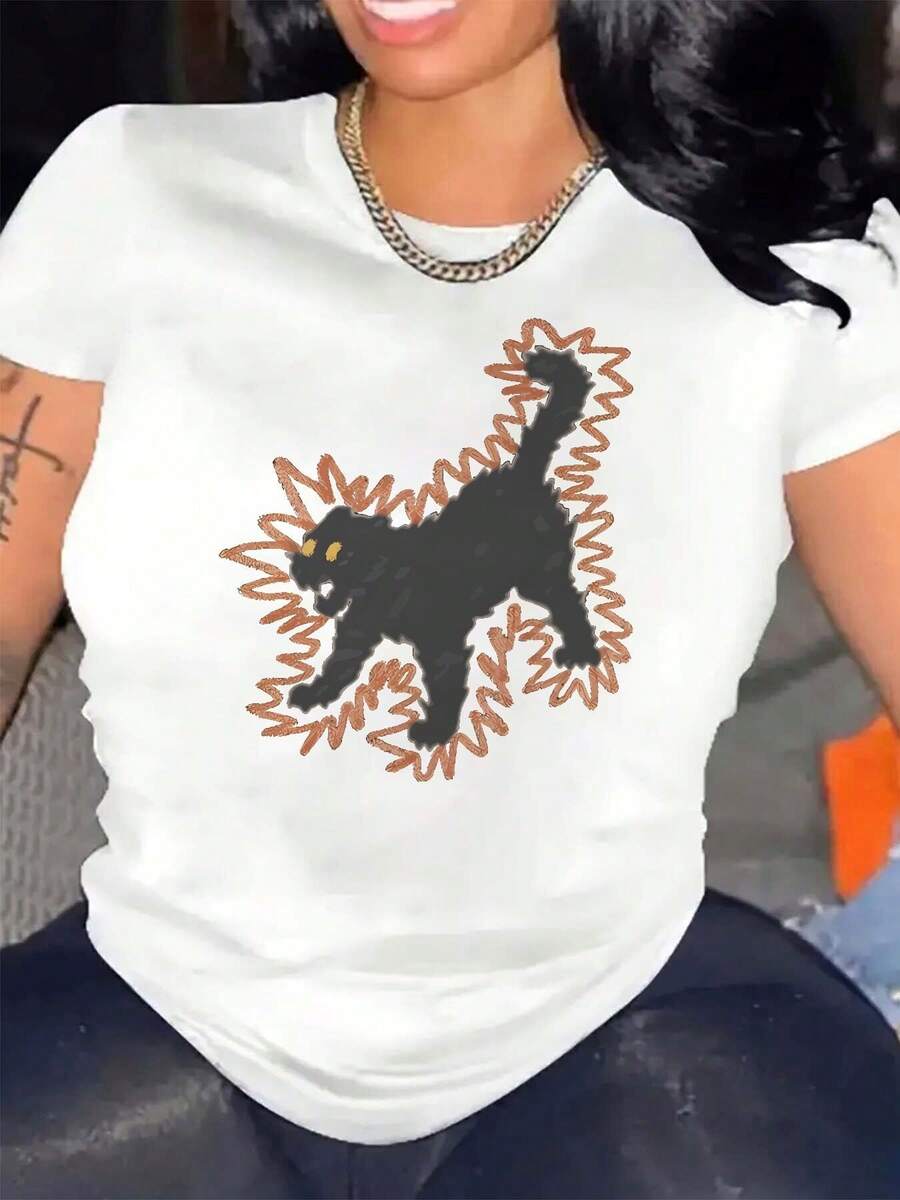 1 Piece Of Plus Size Women's T-Shirt, For Cat Lovers, White Color - Black Cat And Yellow Eye Print With Leaf Design - Soft, 100% Cotton, Round Neck, Short Sleeve - Lightweight And Breathable Casual T-Shirt For Spring And Summer (Machine Washable) 180g Cotton 100%. - 白色 - 查看 1