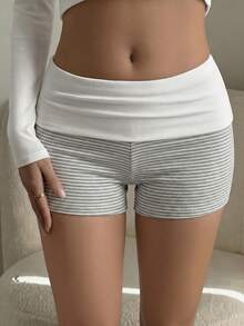 Women's Y2K Style Striped Shorts For Summer, Low Waist With Foldable Belt Design, Suitable For Casual, Home, Street And Daily Commute - Grey - View 9