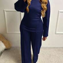 Christmas Women's Waist-Cinched Mid-Length Sweatshirt And Pants Slimming Grey Set - Navy - View 6