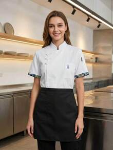 1 pieza Uniforme de chef de lino unicolor casual, blanco amigable con la piel - Blanco - Ver 2