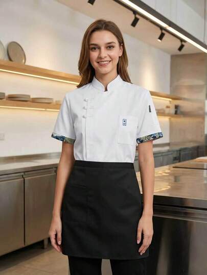 1pc Solid Color Casual Linen Chef Jacket, Skin-Friendly & Washable, Spring/Summer White