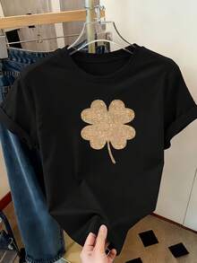 Women's Summer Clothing With A Shiny Gold Four-Leaf Clover Pattern, New Women's Short-Sleeved T-Shirt, Casual And Elegant Printed T-Shirt, Stylish Women's Clothing - 黑色 - 查看 6